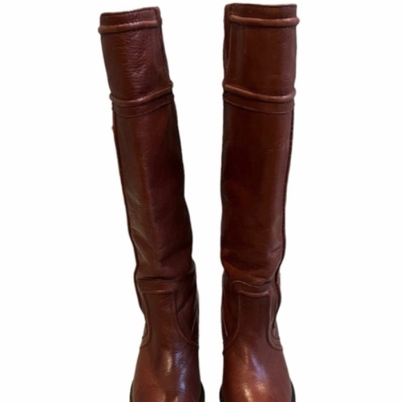 FOSSIL Felicia woven leather riding heeled knee high boots Cognac Brown Size 8 - Picture 7 of 12